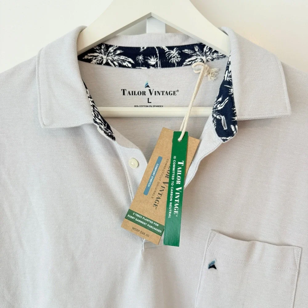 Tailor Vintage Mens Large Gray Pique Polo Shirt Palm Tree Collar Trim NWT - Picture 2 of 4